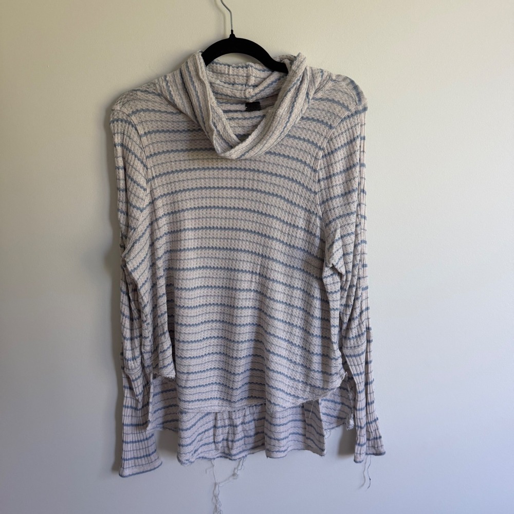 We The Free People Striped Waffle Knit Cowl Neck Thermal Top Blue White Large